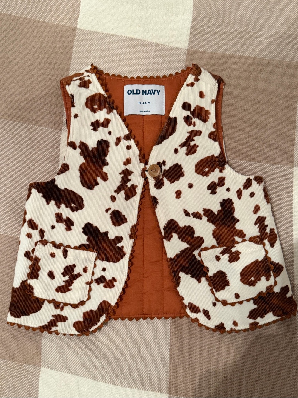 Old Navy Kids Brown and Cream Cow Print Corduroy Vest